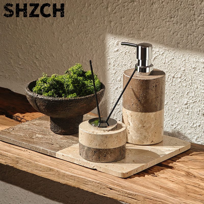Vanity Home Decor - Travertine Bathroom Lotion Dispenser Set, Stone